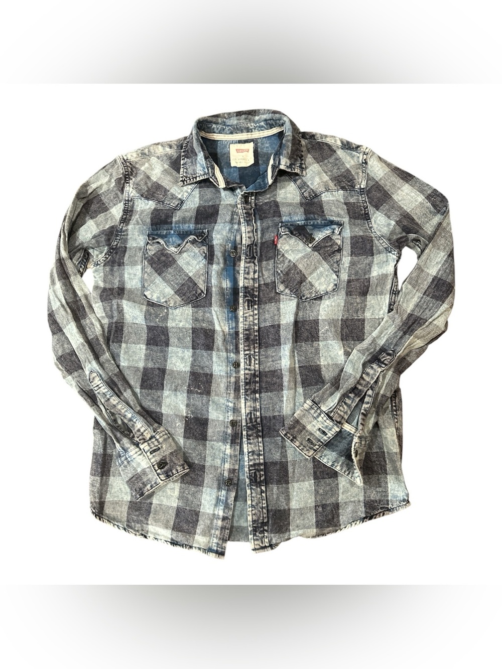 Levi's Men's Washed Blue and Gray Plaid Button-Down Shirt Sz S GUC